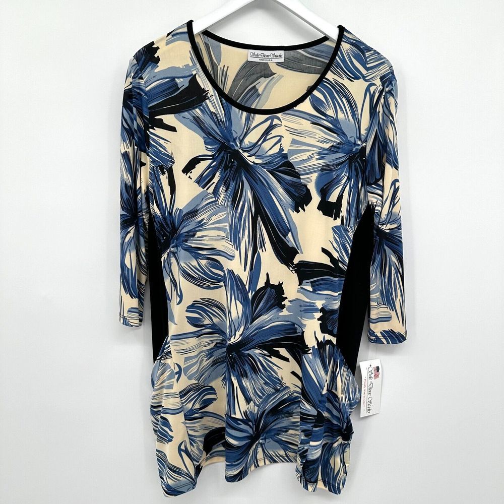 Sole Dione‎ Studio Tunic Top Shirt Blouse Size Large Artsy Stretch 3/4 Sleeves